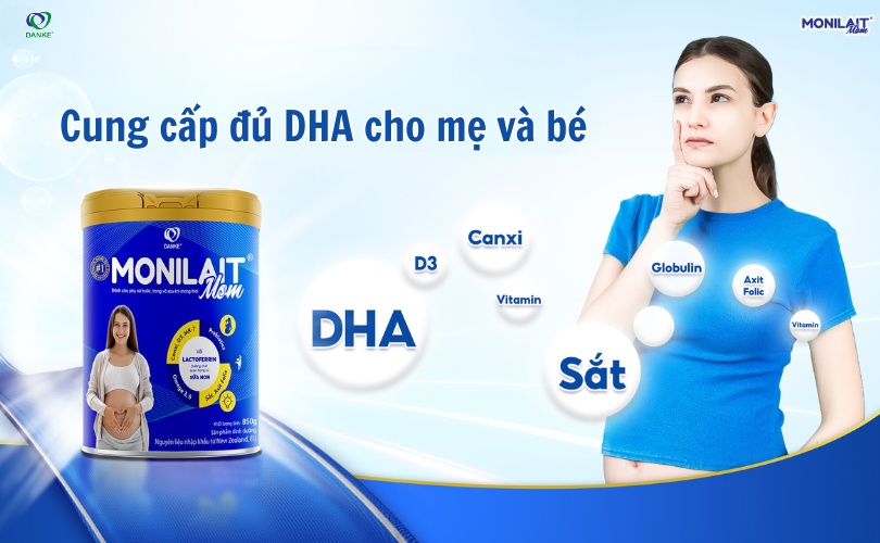 Sữa bầu Monilait for Mom có hàm lượng DHA cao, đáp ứng nhu cầu DHA của cả mẹ và bé
